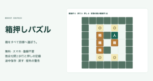 独自の箱押しパズル7行7列の人と4個の箱、目標、初期の最少総操作32、無料と途中保存の案内
