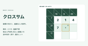 独自クロスサム3行3列の白マスと縦横の合計、4個の答えと選択マスの候補3・5、無料と途中保存の案内