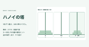 独自のハノイの塔の途中盤、数字付き円盤と3本の棒、右の目標、無料と現在配置の最短ヒントの案内