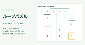 独自ループパズル5格子の数字と空欄、8本の線を置いた途中盤、無料と途中保存の案内